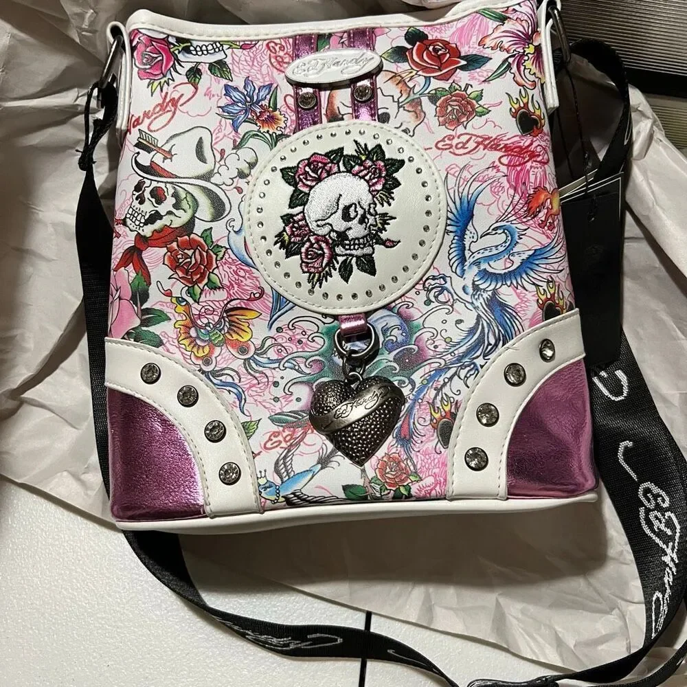 New Retro Y2K Ed Hardy Pink Metallic white tattoo print crossbody Skull Charms